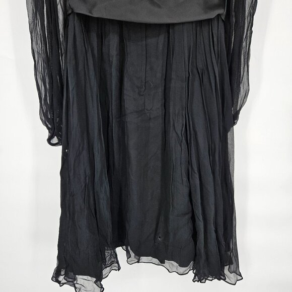 Vintage 1960s Cocktail Party Dress 9 Black Chiffon Ruffle V Neck Rhinestone Belt - Picture 9 of 13